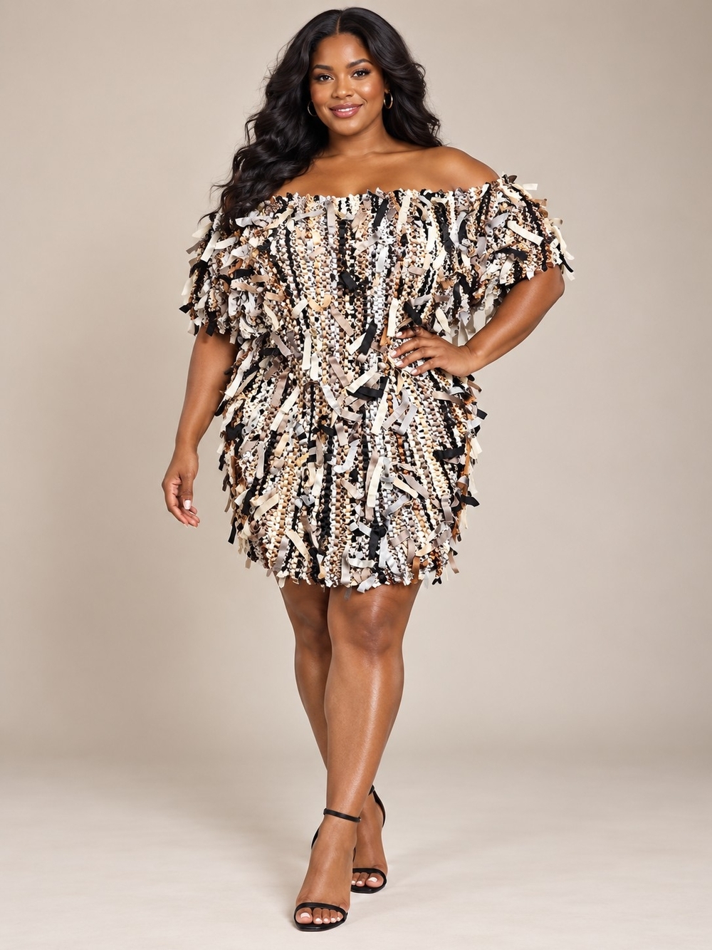 Nuance Off-the-Shoulder Ribbon Fringe Dress – L/XL